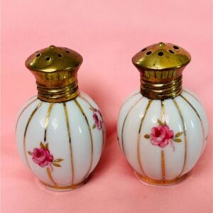 Vintage Porcelain Pink Rose Salt and Pepper Shakers with Gold Accents Japan